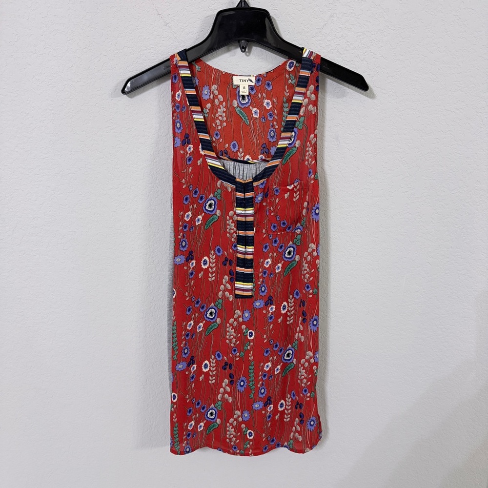 Vibrant Floral Tank Top with Striped Neckline